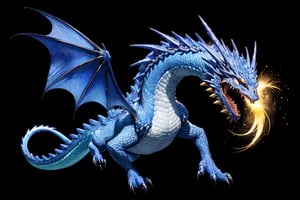 (masterpiece), front shot,(((looking for the viewer))),A Japanese baby cute flying monster blue golden Gozilla, the image is 8k quality, the dragon has shiny scales and a golden mane,In the simple black background 
