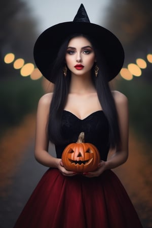 (8k, RAW photo, best quality, masterpiece:1.2),(realistic, photo-realistic:1.37), ((1 girl with Halloween costume and wizard hat holding a halloween pumpkin , in the halloween night festival,adorable, happy)),  1girl, solo, jewelry, earrings, black hair, long hair, looking at viewer, black eyes, realistic, makeup, upper body, black background, breasts, red lips, collarbone, simple background, cleavage, eyeshadow, multicolored hair 