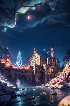 `extremely detailed illustration of a cosmic deity, detailed cosmos background, backlit, highly illuminated, colorful crystal, floating hair, closeup, visually rich, manga, whimsical, JRPG, enchanting, emotionally evocative, detailed environment, fantastical, imaginative, visually rich, atmospheric, zoomed, flat lighting, 2d, cartoon, vector, rocks,