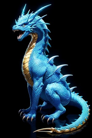 (masterpiece), front shot,(((looking for the viewer))),A Japanese baby cute monster blue golden Gozilla, the image is 8k quality, the dragon has shiny scales and a golden mane,In the simple black background 