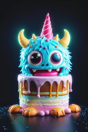 a chibi monster made by Delicious glowing cake ,feet made by ice cream,background white , ultra details ,photorealistic, realistic ,Cinematic, Filmic, medium shot, 4k, Front-light, Chromatic Aberration, photography, hyper realistic, 4k, 8k,closeup