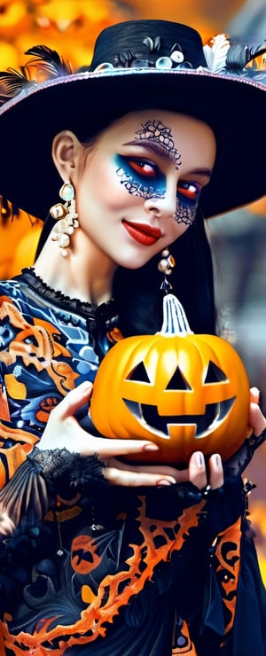 ((1 girl with Halloween costume and wizard hat holding a halloween pumpkin,  in the halloween night festival, adorable,  happy)), (masterpiece, top quality, best quality, official art, beautiful and aesthetic:1.2), (1girl:1.3), extremely detailed,(fractal art:1.1),(colorful:1.1)(flowers:1.3),highest detailed,(zentangle:1.2), (dynamic pose), (abstract background:1.3), (shiny skin), (many colors:1.4), ,(earrings), (feathers:1.5)