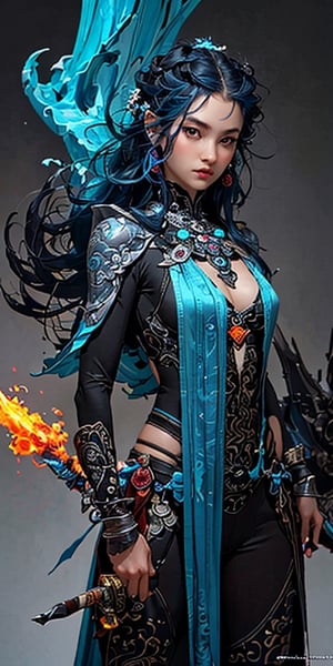 (masterpiece, top quality, best quality, official art, beautiful and aesthetic:1.2), (((1girl))), cute, extreme detailed,(abstract:1.4, fractal art:1.3), colorful,highest detailed, jewelry:1.4, blue body_suit , scenery, ink, blue_hair, long straight hair, holding_sword,weapon,sword,CGgame weaponicon esw