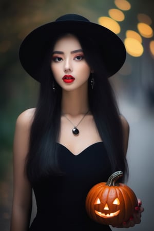 (8k, RAW photo, best quality, masterpiece:1.2),(realistic, photo-realistic:1.37), ((1 girl with Halloween costume and wizard hat holding a halloween pumpkin , in the halloween night festival,adorable, happy)),  1girl, solo, jewelry, earrings, black hair, long hair, looking at viewer, black eyes, realistic, makeup, upper body, black background, breasts, red lips, collarbone, simple background, cleavage, eyeshadow, multicolored hair 