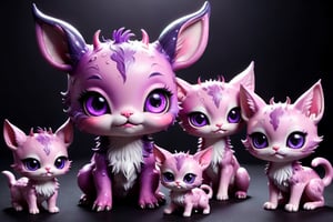 In the midst of a pitch-black background, full body,five medium close-up reveals a charming  purple pink chibi monsters with a multitude of endearing eyes. This realistic photograph showcases an incredible level of deer and cat , inviting the viewer to marvel at the exquisite intricacies of the creature's features. The soft, faded photo adds a nostalgic touch to the already mesmerizing image, enhancing its visual appeal. With its adorable appearance and impeccable clarity in stunning 4k resolution, this remarkable image effortlessly captivates the audience's attention.