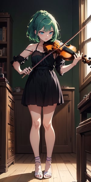 (3_characters),(((1girl playing the violin))),(((1 realistic drummer with blach hair in the background and 1 girl with violet hair is playing violin))), in background seeing many music instruments like violin_contrabass,piano,flutes,oboe,percussion,(realistic instruments)))),(((on the ground seeing some realistic_guitar_foot_pedal_devices))),((smooth light,red light ambience)), (gloomy), ((the girl has green hair and green eyes, closed mouth, smile, (((full_body)))), fantasy, aesthetic, (masterpiece, best quality, highres), trending on pixiv, solo, (((good hands))), ((anime_screencap)), perfect anime anatomy, ,ARYSTYLE3,