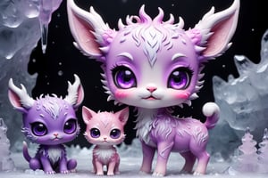 In the ice world in Tokyo city black background, full body,five medium close-up reveals a charming  purple pink chibi monsters with a multitude of endearing eyes. This realistic photograph showcases an incredible level of deer and cat , inviting the viewer to marvel at the exquisite intricacies of the creature's features. The soft, faded photo adds a nostalgic touch to the already mesmerizing image, enhancing its visual appeal. With its adorable appearance and impeccable clarity in stunning 4k resolution, this remarkable image effortlessly captivates the audience's attention.