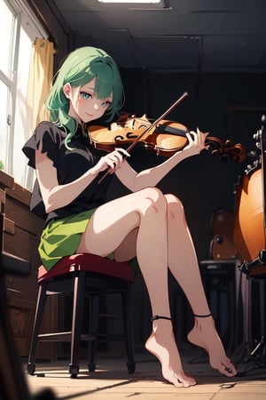 (3_characters),(((1girl playing the violin))),(((1 realistic drummer with blach hair in the background and 1 girl with violet hair is playing violin))), in background seeing many music instruments like violin_contrabass,piano,flutes,oboe,percussion,(realistic instruments)))),(((on the ground seeing some realistic_guitar_foot_pedal_devices))),((smooth light,red light ambience)), (gloomy), ((the girl has green hair and green eyes, closed mouth, smile, (((full_body)))), fantasy, aesthetic, (masterpiece, best quality, highres), trending on pixiv, solo, (((good hands))), ((anime_screencap)), perfect anime anatomy, ,ARYSTYLE3,