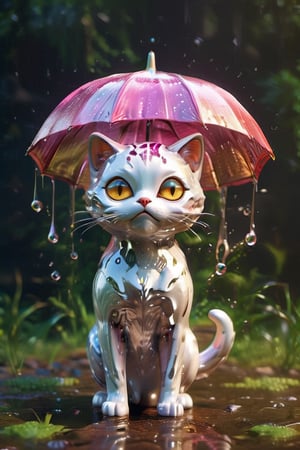 cute tiny wet cat in rain, shimmering fur, glittery eyes, cg render, 4k, simple, asthetic (3d, cute, chibi style), ((perfect high detailed image)), hyper-realistic detailed rendering, elegant pose, professional lighting, intricate details,aw0k meltdown style
