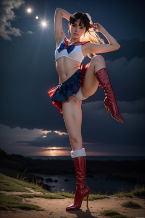 Masterpiece, 8k, high resolution, sailor_moon, usagi, blonde, sailor_moon tiara, pose standing one leg opening,see-through, red boots, braid, ominous, night, full_moon, mist, god_rays, full_body shot, extremely detailed eyes, ultra-detailed, 1girl, ultra high res,detailed skin,beautiful lighting,standing,leg up