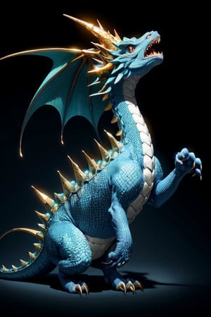 (masterpiece), front shot,looking for the viewer,A Japanese baby cute monster blue golden Gozilla, the image is 8k quality, the dragon has shiny scales and a golden mane,In the simple black background 