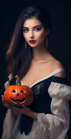 (8k, RAW photo, best quality, masterpiece:1.2),(realistic, photo-realistic:1.37), ((1 girl with Halloween costume and wizard hat holding a halloween pumpkin , in the halloween night festival,adorable, happy)),  1girl, solo, jewelry, earrings, black hair, long hair, looking at viewer, black eyes, realistic, makeup, upper body, black background, breasts, red lips, collarbone, simple background, cleavage, eyeshadow, multicolored hair 