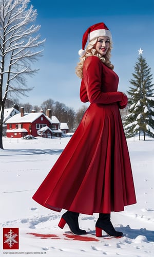 a digital illustration of a comic sketch, joyful strokes of a full body blonde MrsClaus wearing a red gown, with a santa hat,standing at snow, christmas, outdoors, snowflakes, photo realism, and intense rendering of dynamic subject, art approach ranges from state of the art digital techniques to traditional watercolor and acrylic painting, joe quesada, Ptcard