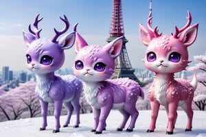 In the ice world in Tokyo city background, tokyo tower,ice building , full body,five medium close-up reveals a charming  purple pink chibi monsters with a multitude of endearing eyes. This realistic photograph showcases an incredible level of deer and cat , inviting the viewer to marvel at the exquisite intricacies of the creature's features. The soft, faded photo adds a nostalgic touch to the already mesmerizing image, enhancing its visual appeal. With its adorable appearance and impeccable clarity in stunning 4k resolution, this remarkable image effortlessly captivates the audience's attention.