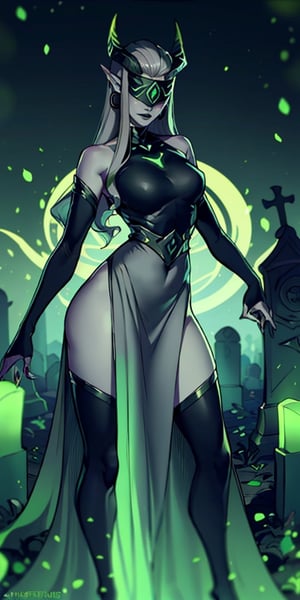 (looking at viewer:1.2), |, Shemira_AFK, pointy ears, covered eyes, green glow, grey skin, magic, thighs, long dress, smug, upper body, ,| graveyard, | bokeh, depth of field, cinematic composition, |  dynamic pose, contrapposto, 