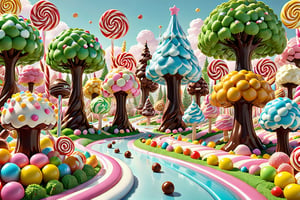 Ultra realistic,, realistic ,((( trees made by chocolate balls and candy and softcream )))(In the ice candy and chocolate land, a long winding road 