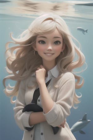 (masterpiece), (best quality), Photo Realistic, (extreme detailed), (1 girl), (pretty cute girl), smile, slender, blonde long hair, bluewish, playing with gray dolphin, in the under water, upper body, original, extremely detailed wallpaper, (parfect detail features), 16k, 