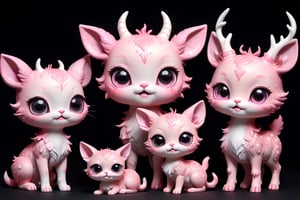 In the midst of a pitch-black background, full body,five medium close-up reveals a charming pink chibi monsters with a multitude of endearing eyes. This realistic photograph showcases an incredible level of deer and cat , inviting the viewer to marvel at the exquisite intricacies of the creature's features. The soft, faded photo adds a nostalgic touch to the already mesmerizing image, enhancing its visual appeal. With its adorable appearance and impeccable clarity in stunning 4k resolution, this remarkable image effortlessly captivates the audience's attention.