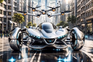 A futuristic hi-tech  Super flying mobility , Retro-inspired Super Car, Silver ((black spoked wheels)) and 3 propellers, on the road in city area background, at mid day time, front view, symmetrical, 