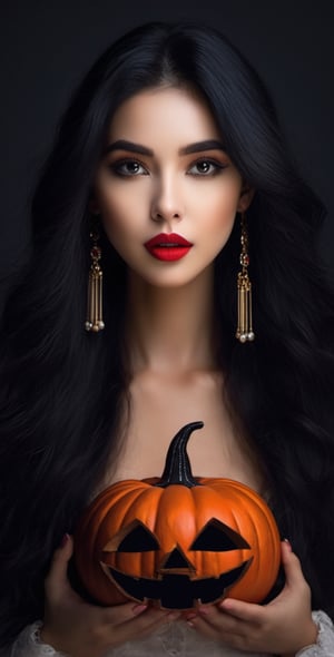 (8k, RAW photo, best quality, masterpiece:1.2),(realistic, photo-realistic:1.37), ((1 girl with Halloween costume and wizard hat holding a halloween pumpkin , in the halloween night festival,adorable, happy)),  1girl, solo, jewelry, earrings, black hair, long hair, looking at viewer, black eyes, realistic, makeup, upper body, black background, breasts, red lips, collarbone, simple background, cleavage, eyeshadow, multicolored hair 