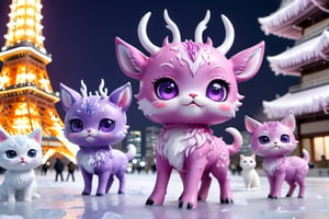 In the ice world in Tokyo city background, tokyo tower,ice building , full body,five medium close-up reveals a charming  purple pink chibi monsters with a multitude of endearing eyes. This realistic photograph showcases an incredible level of deer and cat , inviting the viewer to marvel at the exquisite intricacies of the creature's features. The soft, faded photo adds a nostalgic touch to the already mesmerizing image, enhancing its visual appeal. With its adorable appearance and impeccable clarity in stunning 4k resolution, this remarkable image effortlessly captivates the audience's attention.
