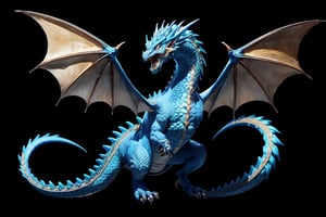 (masterpiece), front shot,(((looking for the viewer))),A Japanese baby cute flying monster blue golden Gozilla, the image is 8k quality, the dragon has shiny scales and a golden mane,In the simple black background 