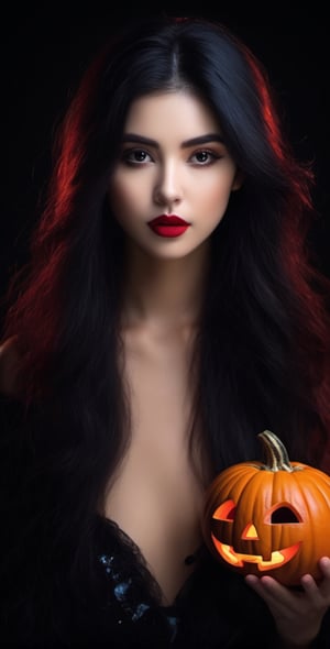 (8k, RAW photo, best quality, masterpiece:1.2),(realistic, photo-realistic:1.37), ((1 girl with Halloween costume and wizard hat holding a halloween pumpkin , in the halloween night festival,adorable, happy)),  1girl, solo, jewelry, earrings, black hair, long hair, looking at viewer, black eyes, realistic, makeup, upper body, black background, breasts, red lips, collarbone, simple background, cleavage, eyeshadow, multicolored hair 