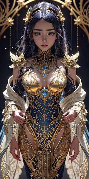 surreal photography of a stunningly beautiful cyborg female, blue eyes, embraced, delicate gold filigree, intricate detailed, glowing on back and hair, in the style of beth cavener, wlop, highly detailed, intricate filigree, chrome face symmetry, masterpiece, award - winning, sharp focus, concept art, high key, ambient lighting, 8 k, octane render, fractal_dust_particles, lighting_stike,airisuzuki