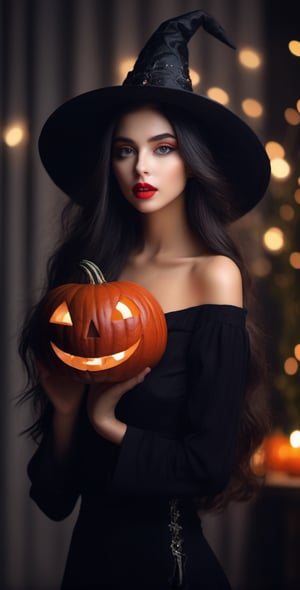 (8k, RAW photo, best quality, masterpiece:1.2),(realistic, photo-realistic:1.37), ((1 girl with Halloween costume and wizard hat holding a halloween pumpkin , in the halloween night festival,adorable, happy)),  1girl, solo, jewelry, earrings, black hair, long hair, looking at viewer, black eyes, realistic, makeup, upper body, black background, breasts, red lips, collarbone, simple background, cleavage, eyeshadow, multicolored hair 