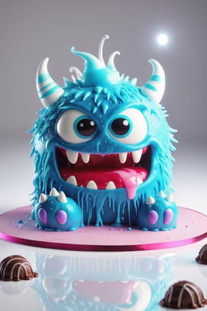 a chibi monster made by Delicious glowing cake ,feet made by ice cream,background white , ultra details ,photorealistic, realistic ,gel lighting, Cinematic, Filmic, medium shot, 4k, Front-light, Cinematic Lighting, volumetric Light, Ray Tracing Reflections, Chromatic Aberration, photography, hyper realistic, 4k, 8k,closeup