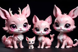 In the midst of a pitch-black background, full body,five medium close-up reveals a charming pink chibi monsters with a multitude of endearing eyes. This realistic photograph showcases an incredible level of deer and cat , inviting the viewer to marvel at the exquisite intricacies of the creature's features. The soft, faded photo adds a nostalgic touch to the already mesmerizing image, enhancing its visual appeal. With its adorable appearance and impeccable clarity in stunning 4k resolution, this remarkable image effortlessly captivates the audience's attention.