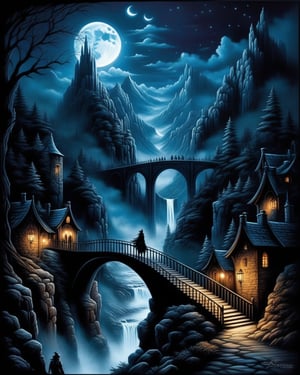 Anne Stokes style, landscape, (cityscape), pilgrims, canyon, bridge, stary sky, moonlight, characters, dark, eerie, fantasy, gothic, mysterious, whimsical