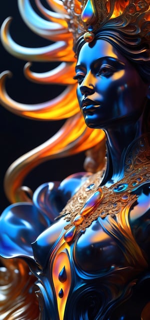 a close up of a statue of a woman, digital art, inspired by tomasz alen kopera, gothic art, intricate skeletal decorations, 8 k highly detailed, beautiful elegant halloween girl with a wizard hat , intricate body, beautiful detail and color, sylvain sarrailh and igor morski, intricate costume design, detailed body, ultra detailed artistic abstract photography of liquid lust, detailed captivating eyes on molten statue, asymmetrical, gooey liquid hair, highly refractive skin, Digital painting, colorful, volumetric lighting, High definition, detailed, realistic, 8k uhd, high quality,A girl dancing ,fire element,DonMCyb3rN3cr0XL 