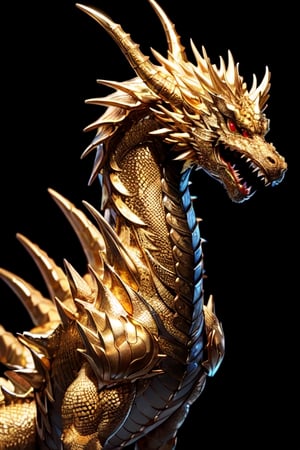 (masterpiece), front shot,looking for the viewer,A Japanese monster golden Gozilla, the image is 8k quality, the dragon has shiny scales and a golden mane,In the simple black background 