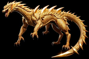 (masterpiece), A Japanese monster golden Gozilla, the image is 8k quality, the dragon has shiny scales and a golden mane,In the simple black background 