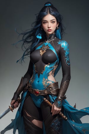 (masterpiece, top quality, best quality, official art, beautiful and aesthetic:1.2), (((1girl))), cute, extreme detailed,(abstract:1.4, fractal art:1.3), colorful,highest detailed, jewelry:1.4, blue body_suit , scenery, ink, blue_hair, long straight hair, holding_sword,weapon,sword,CGgame weaponicon esw