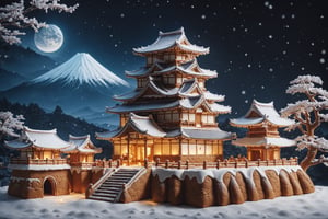 masterpiece, concept art, photorealistic, (beautiful and aesthetic),old japanese castle and temple made of ginger bread, cake decoration, night, snowy, medieval lansdscape background, volumetric lighting, epic composition, epic proportion, HD