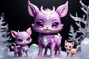 In the ice world in Tokyo city black background, full body,five medium close-up reveals a charming  purple pink chibi monsters with a multitude of endearing eyes. This realistic photograph showcases an incredible level of deer and cat , inviting the viewer to marvel at the exquisite intricacies of the creature's features. The soft, faded photo adds a nostalgic touch to the already mesmerizing image, enhancing its visual appeal. With its adorable appearance and impeccable clarity in stunning 4k resolution, this remarkable image effortlessly captivates the audience's attention.