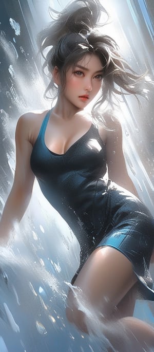 (Best quality, masterpiece), realistic, likereal, form-fitting dress, emphasizes the figure, 1girl, better hands, better fingers, detailed real skin, (((flat breasts))), petite figure, tight things, strong thighs, ((action packed)), fitness body, shape ass,  wide eyes, determined expression, wet hair, dripping drops,
(rainfall), (steam, fog), detailed background, 
,anica_teddy,greg rutkowski