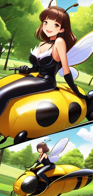 A sexy girl is riding a  super huge bee, flying in the park