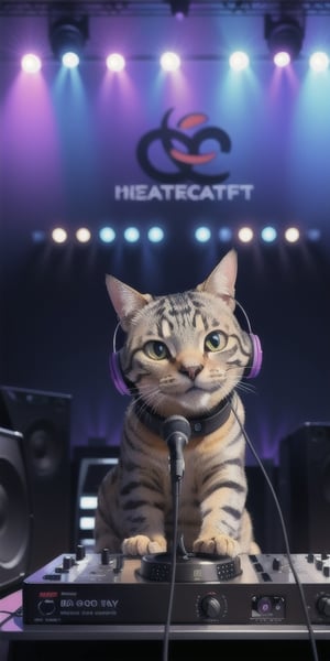 funny DJ cat with headphones on stage with a microphone telling jokes in front of the audience