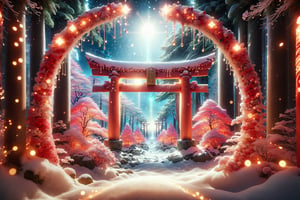skptheme,
"Create a visually stunning image through stable diffusion, capturing the ethereal essence of a future cyber design torii gate adorned with dazzling illumination. Emphasize the divine radiance and intricate details, portraying a harmonious blend of festive lights and sacred elegance