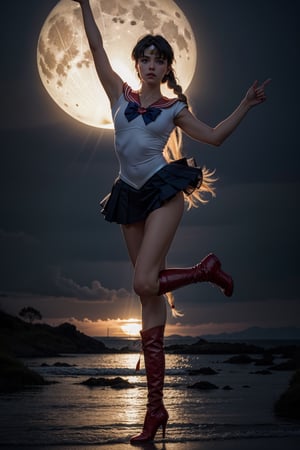 Masterpiece, 8k, high resolution, sailor_moon, usagi, blonde, sailor_moon tiara, pose standing one leg opening,see-through, red boots, braid, ominous, night, full_moon, mist, god_rays, full_body shot, extremely detailed eyes, ultra-detailed, 1girl, ultra high res,detailed skin,beautiful lighting,standing