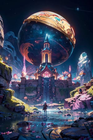 `extremely detailed illustration of a cosmic deity, detailed cosmos background, backlit, highly illuminated, colorful crystal, floating hair, closeup, visually rich, manga, whimsical, JRPG, enchanting, emotionally evocative, detailed environment, fantastical, imaginative, visually rich, atmospheric, zoomed, flat lighting, 2d, cartoon, vector, rocks,