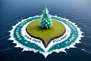 ("SAVE OUR PLANET" text logo: 1.3), Origami, dripping paint, seal standing on a tiny island made of waste in a vast ocean, full body portrait, wide scale lens,aw0k magnstyle,detailmaster2,Movie Still,TEXT LOGO