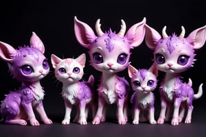 In the midst of a pitch-black background, full body,five medium close-up reveals a charming  purple pink chibi monsters with a multitude of endearing eyes. This realistic photograph showcases an incredible level of deer and cat , inviting the viewer to marvel at the exquisite intricacies of the creature's features. The soft, faded photo adds a nostalgic touch to the already mesmerizing image, enhancing its visual appeal. With its adorable appearance and impeccable clarity in stunning 4k resolution, this remarkable image effortlessly captivates the audience's attention.
