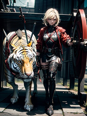 (4k), (masterpiece), (best quality),(extremely intricate), (realistic), (sharp focus), (award winning), (cinematic lighting), (extremely detailed),

A fierce and beautiful female samurai  standing in a battlefield. She is wearing a full suit of armor, including a Kabuto , chest plate, and greaves. She is wielding a sword in one hand and a shield in the other. Her hair is flowing in the wind and she has a determined look on her face. The background is a chaotic battlefield with soldiers fighting and horses rearing.
There is a white mecha tiger by my side
Looking up  ( full-body shot )
,EpicSky,Isometric_Setting,mecha,IMGFIX,DonMCyb3rN3cr0XL ,futureaodai,urban techwear,AttackonTitan,eggmantech