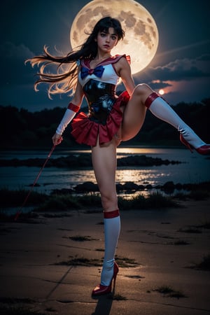 Masterpiece, 8k, high resolution, sailor_moon, usagi, blonde, sailor_moon tiara, pose standing one leg opening,see-through, red boots, braid, ominous, night, full_moon, mist, god_rays, full_body shot, extremely detailed eyes, ultra-detailed, 1girl, ultra high res,detailed skin,beautiful lighting,standing