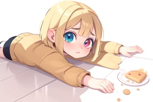 white girl,  thicc,  solo,  upper body,  looking at viewer,  white background,  bob cut,  (long hair),  bows in hair,  heterochromia eyes,  blonde hair,  red lips,  eyeliner, sad, jacket, SAM YANG art style, lonely, ApuMeme, lying on the floor, food thrown on the floor