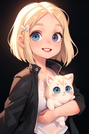 white girl,  thicc,  solo,  upper body,  looking at viewer,  [black background],  bob cut,  (long hair),  bows in hair,  heterochromia eyes,  blonde hair,  red lips,  eyeliner, smile, jacket, SAM YANG art style, cute